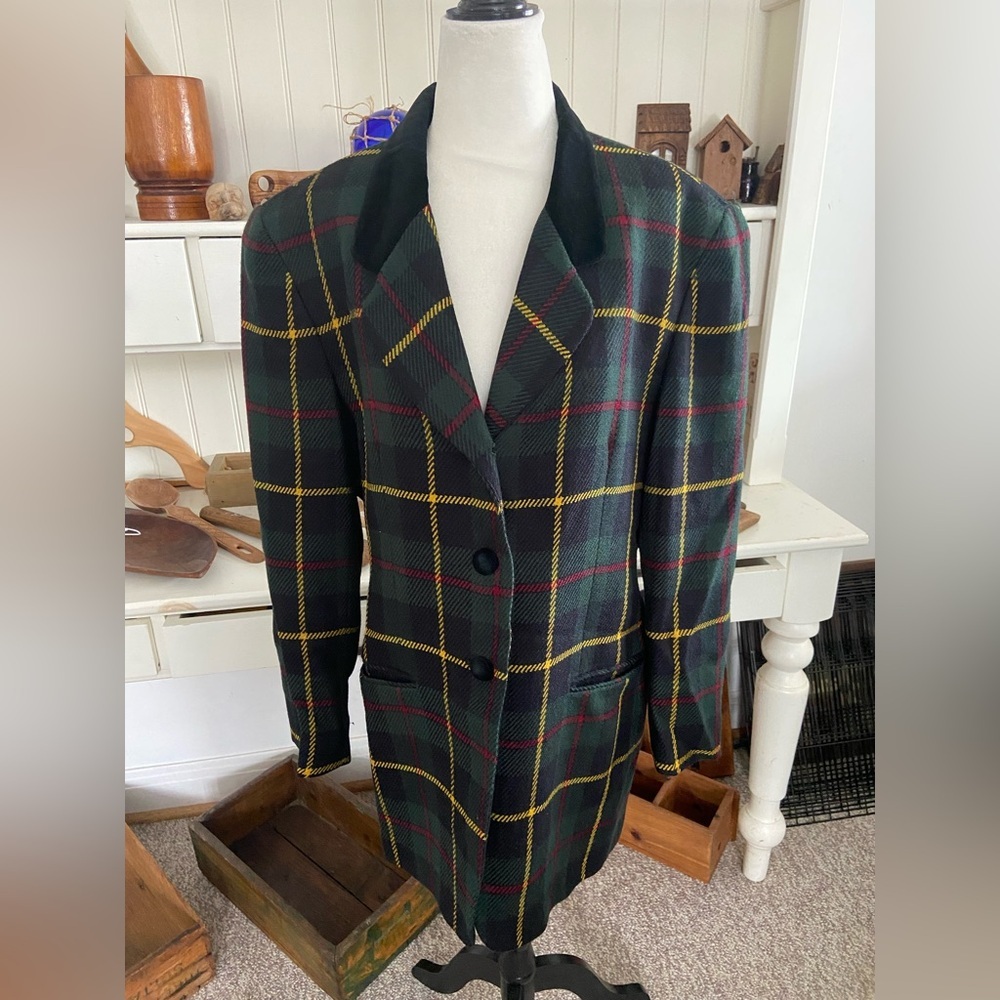 Jones New York Dark Green Plaid Blazer with Yellow & Red Accents
